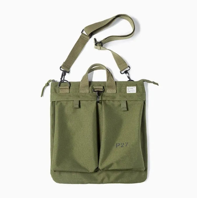 Medium canvas crossbody messenger bag in military green with zipper closure and shoulder strap