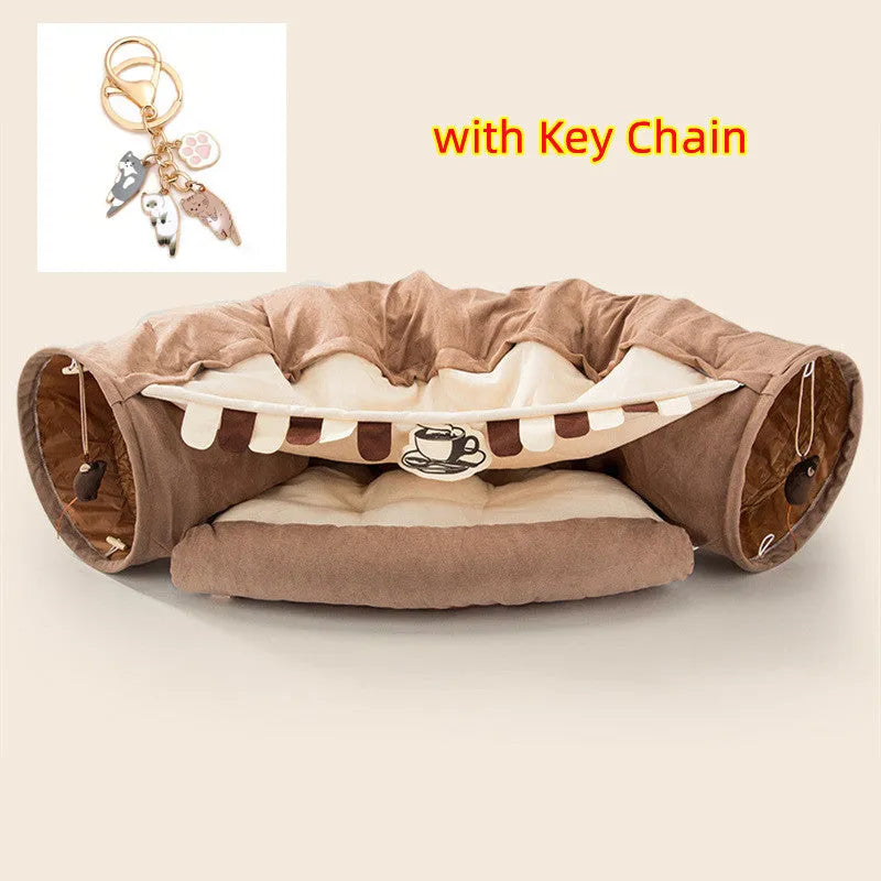 Collapsible cloth cat tunnel showing bar colour option with dimensions 45cm by 50cm by 22cm