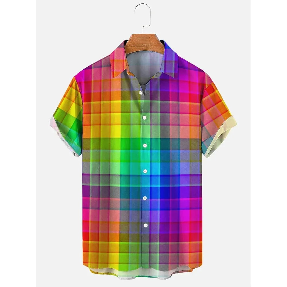 Men's striped Hawaiian short sleeve button-up shirt in a colour option, laid flat.