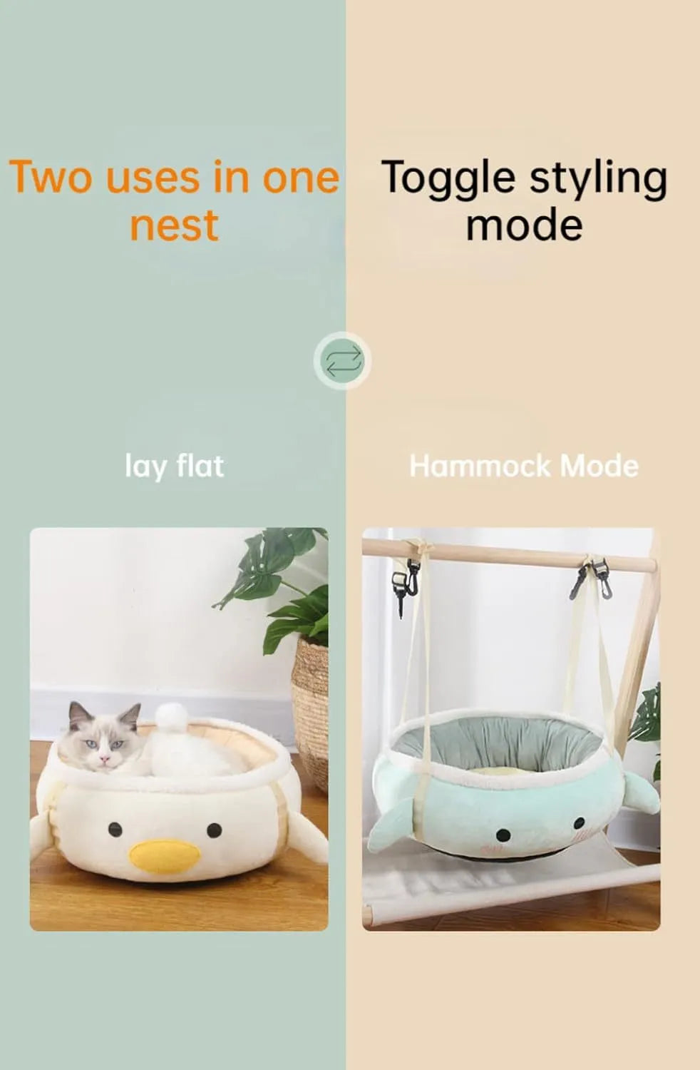 Green dinosaur-shaped cat bed shown both flat and hanging as a hammock for small cats.
