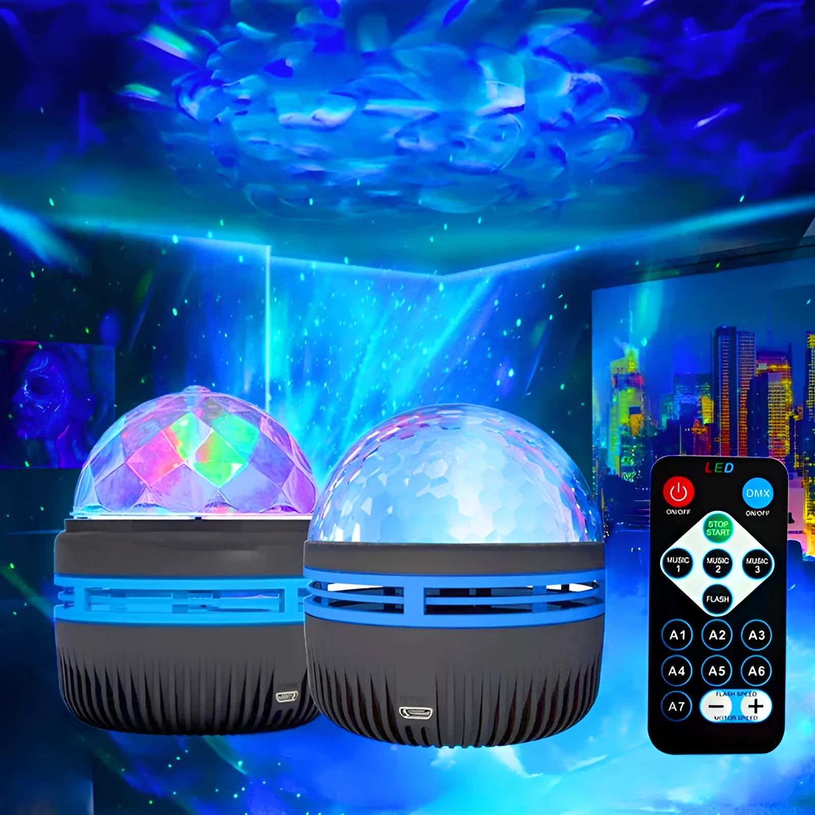 LED galaxy projector lamp with rotating star patterns and USB power cable