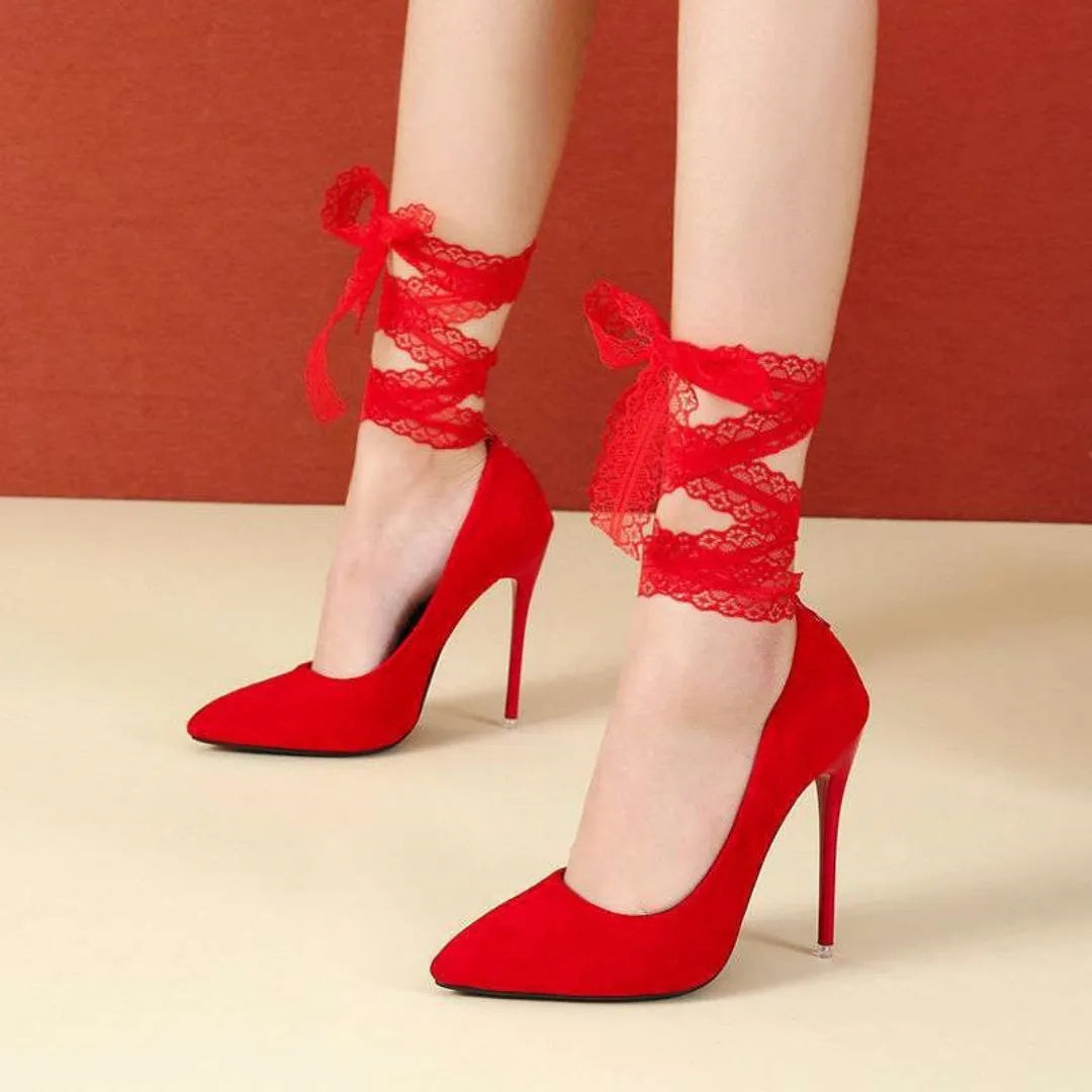 Black and red pointed toe stiletto heels with fabric and lace strap options on a 10cm or 12cm heel.