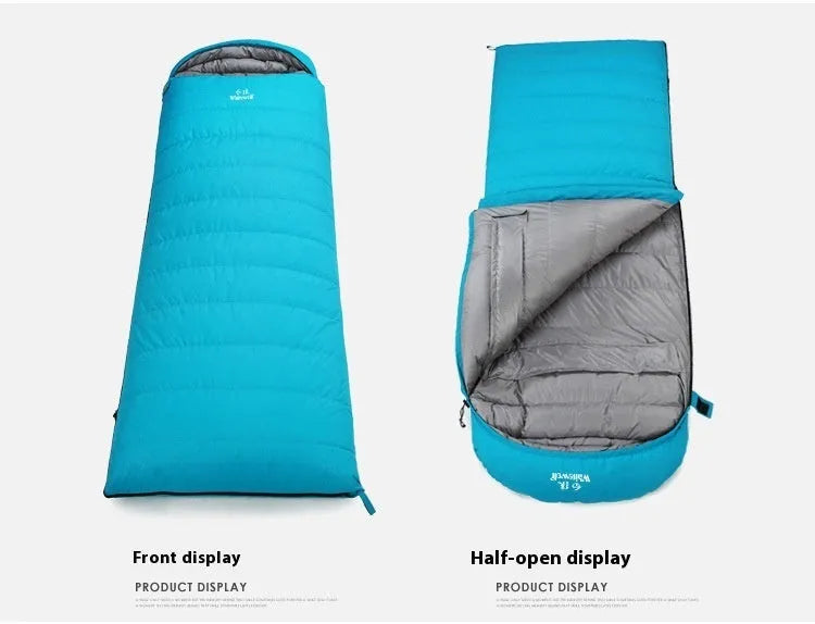 Black outdoor down sleeping bag with envelope structure and white goose down filling.