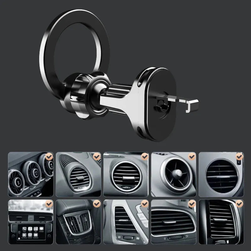 Black magnetic car phone holder with O-ring bracket attached to vehicle air vent holding smartphone