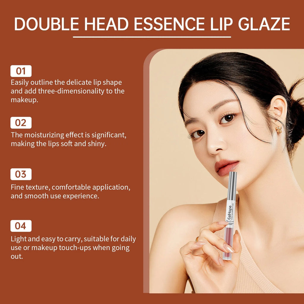 Double-headed lip liner and lip lacquer pen in a matte finish shown with three colour options.