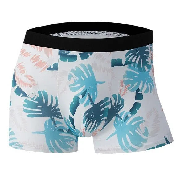Men's printed underwear in polyester ice silk fabric on a size chart showing waist and length measurements.