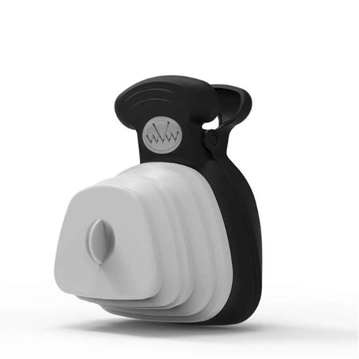 Blue portable dog pooper scooper with clip, shown unfolded next to a dog lead.