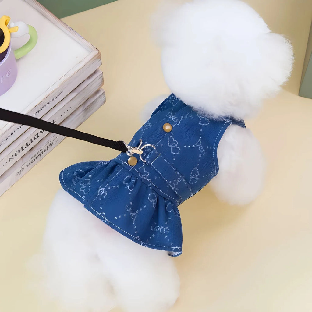 A small white Bichon dog wearing a light blue denim princess dress with a brace skirt design.