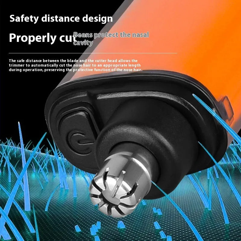 Rechargeable nose hair trimmer with removable stainless steel cutter head and digital display.