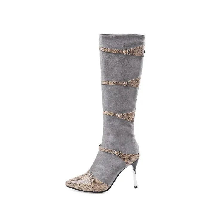 Black and grey women's knee high boots with a thin high heel on a rubber sole