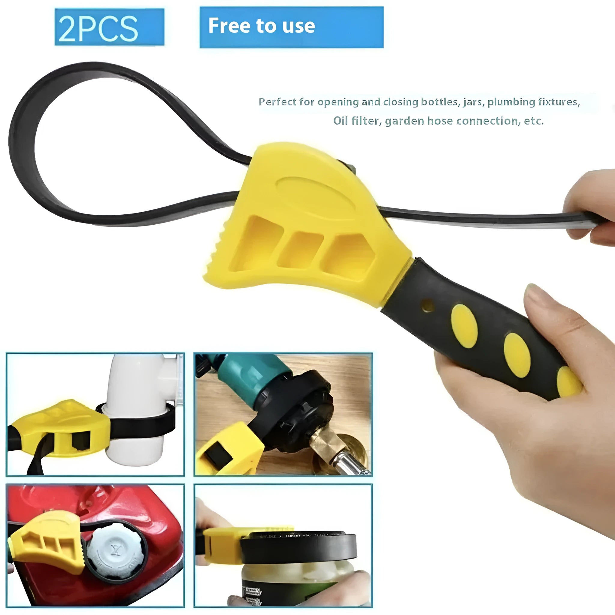 A 6-inch and an 8-inch adjustable rubber strap wrench with steel handles, laid side by side.