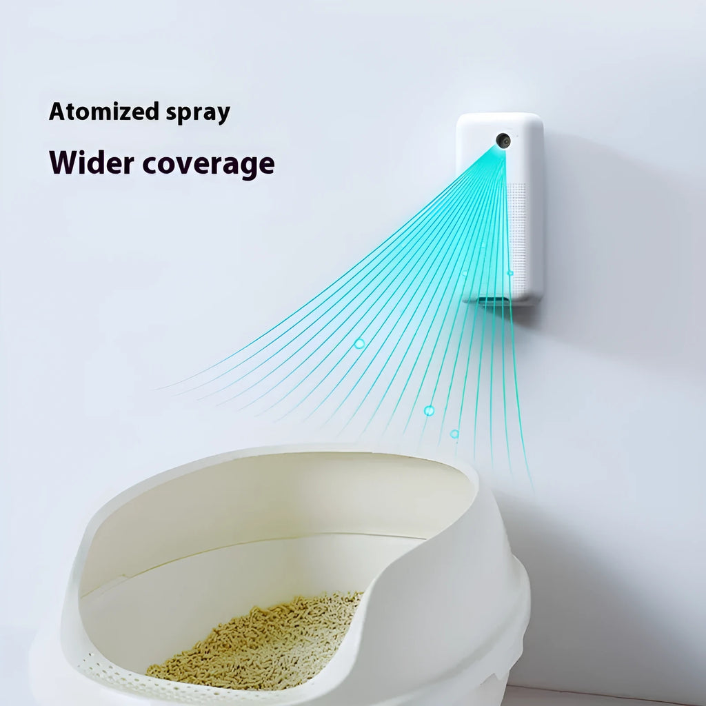 Smart spray odour removal machine for pet litter boxes with purification liquid bottles and mounting bracket