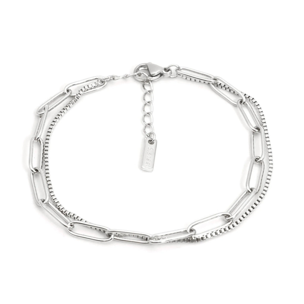 Double layer twin titanium steel women's bracelet with geometric design in gold or silver finish