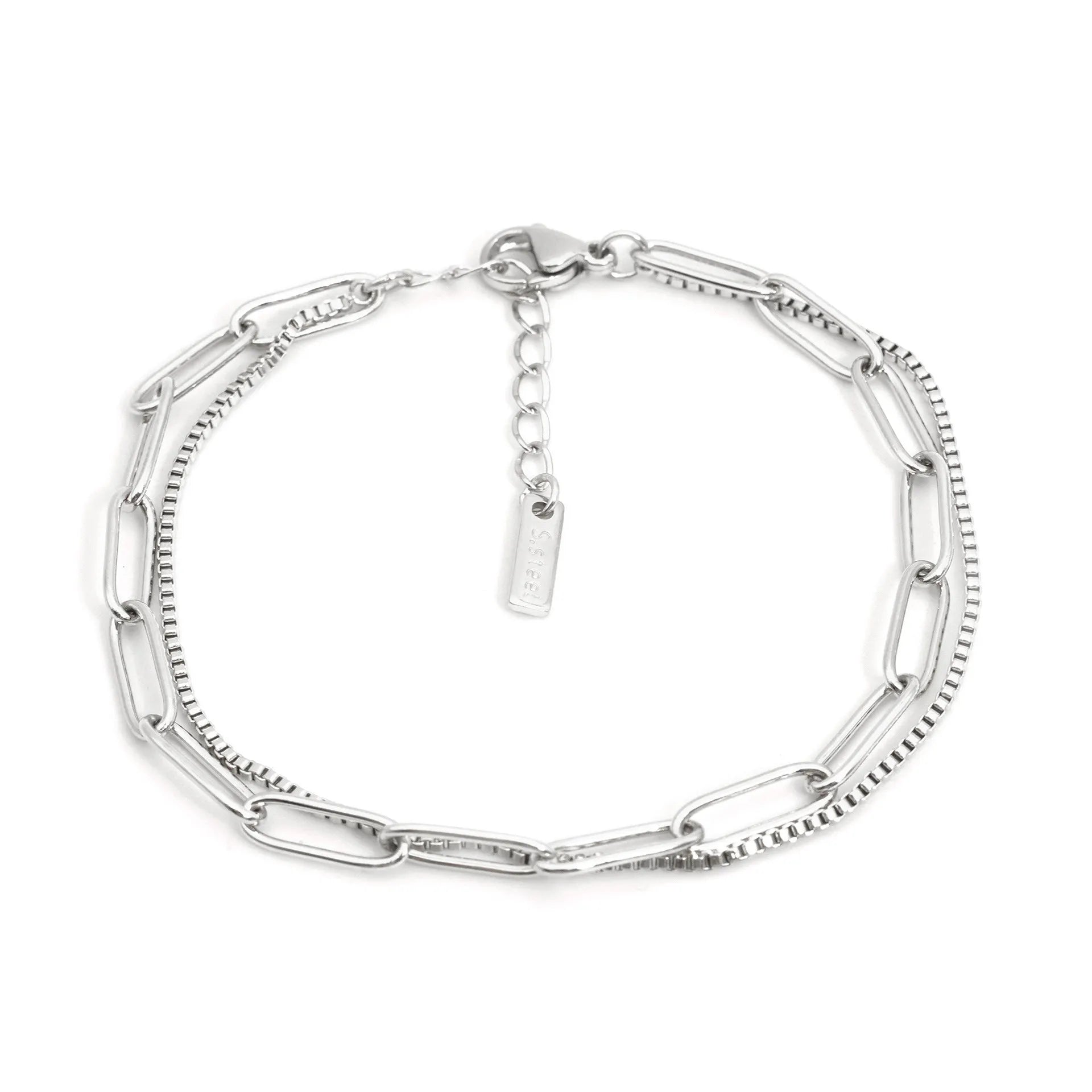 Double layer twin titanium steel women's bracelet with geometric design in gold or silver finish