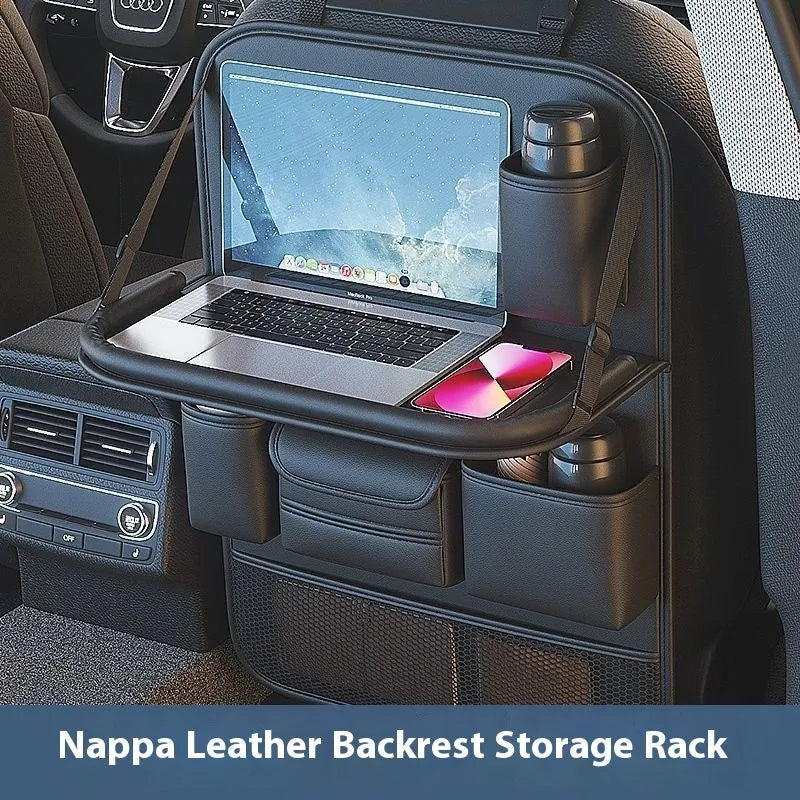 Black leather car seat back storage rack with handle, suspended on a car seat