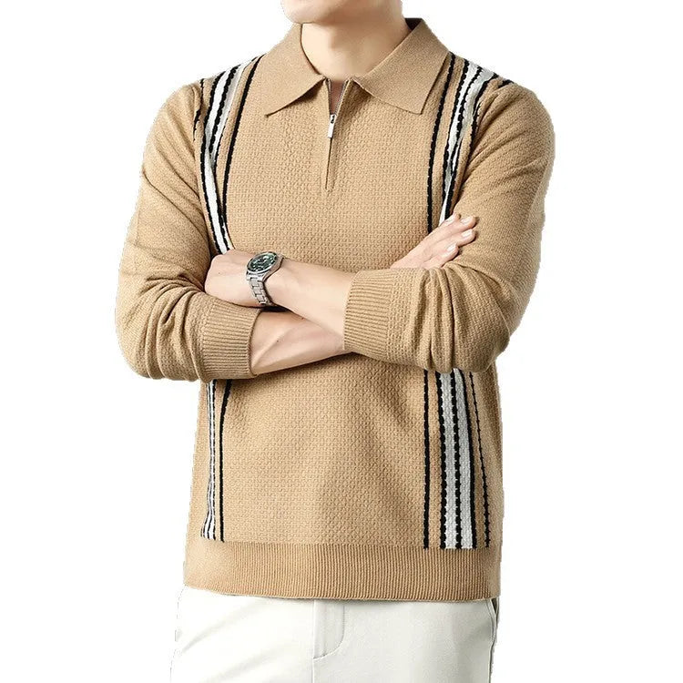Men's turn-down collar half-zip long sleeve colour block striped polo sweater in beige on a plain background