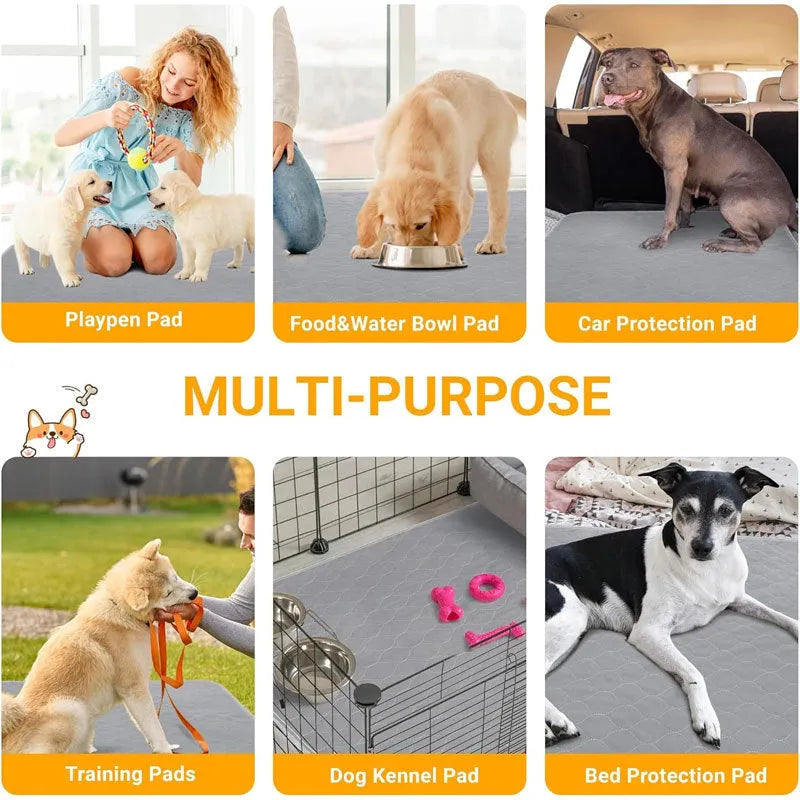 Washable dog pee pads in grey and tan colours showing multi-layer construction and triple-stitch binding