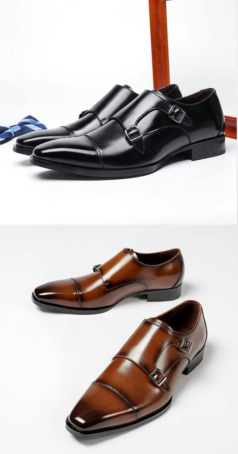 Men's black and light brown leather business shoes with square toe design and rubber soles