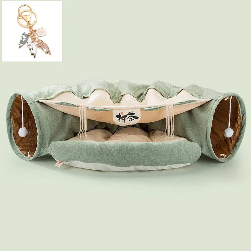 Collapsible cloth cat tunnel showing bar colour option with dimensions 45cm by 50cm by 22cm
