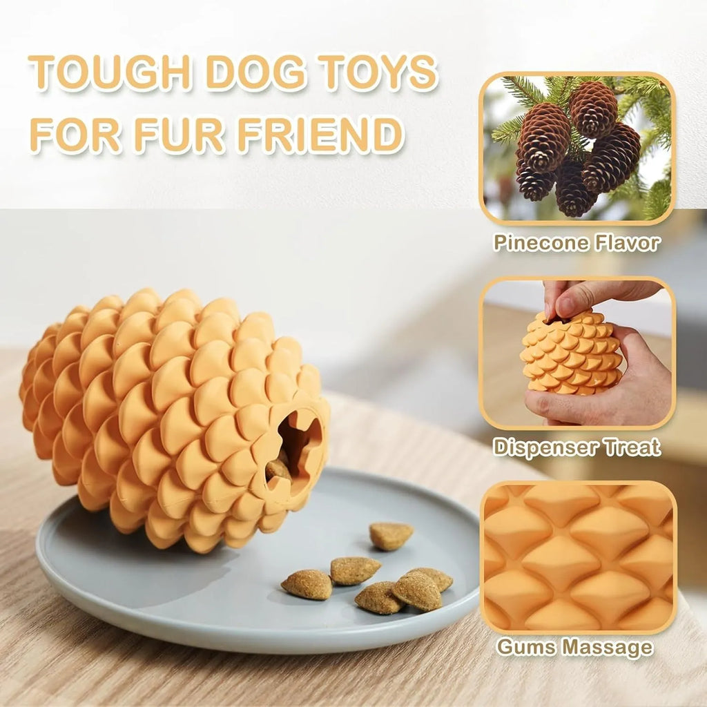Yellow natural rubber pine cone dog chew toy with treat dispenser hole on a white background.