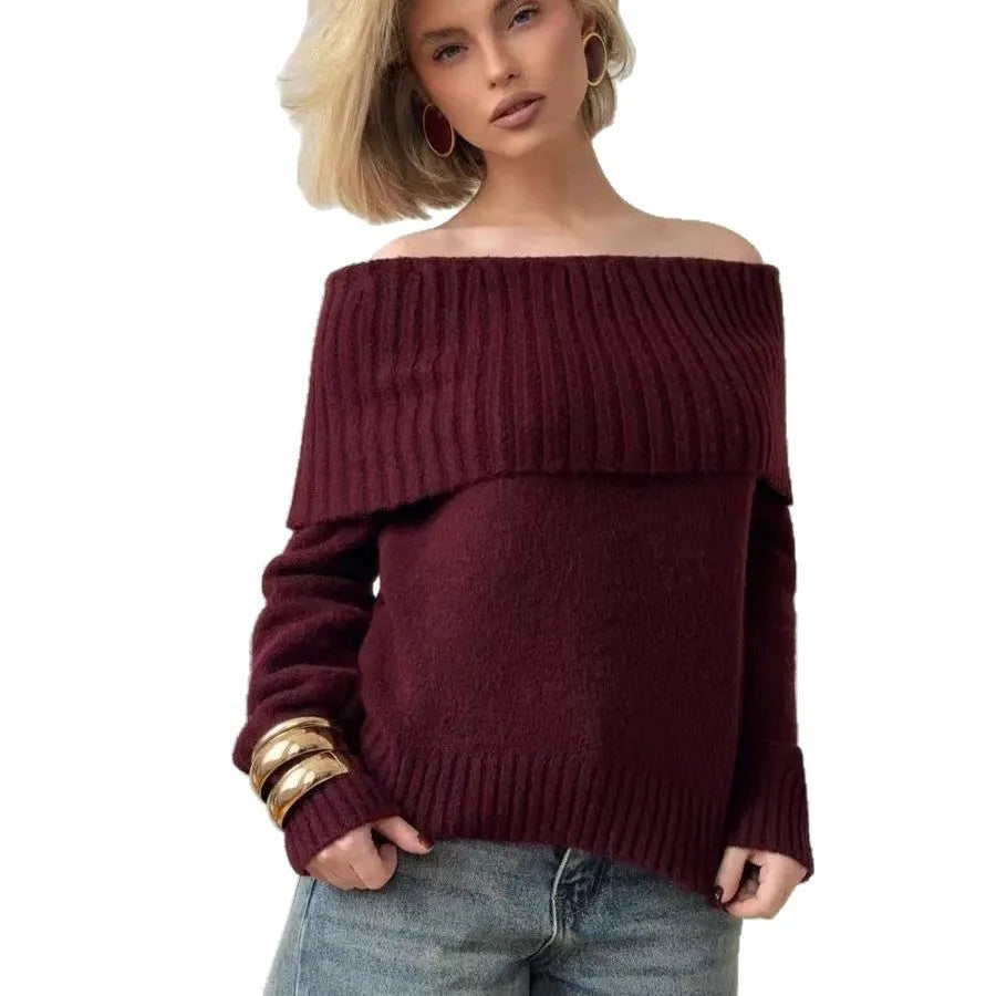 Women's off-the-shoulder sweater with 3D pattern in grey, white or wine red acrylic fabric