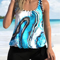 Blue tie-dye floral pattern women's two-piece swimsuit shown on mannequin