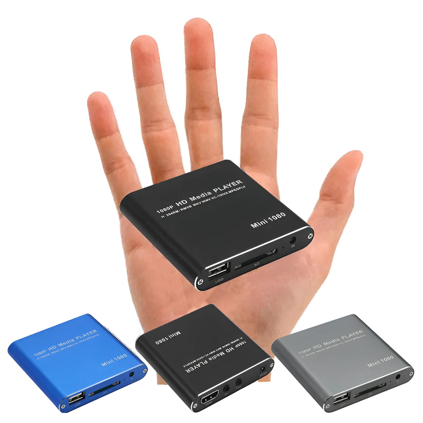 Compact black or blue 1080p Full HD media player with HDMI port, SD card slot and USB input