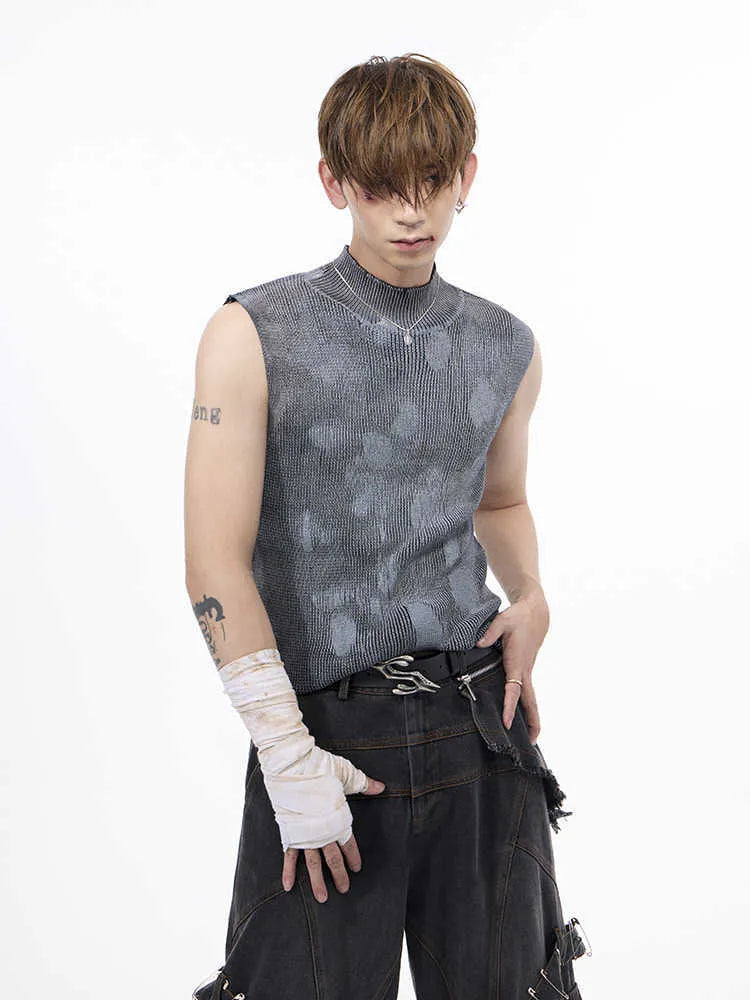 Men's black wool blend vest with stand collar and silver pastebrushing detail