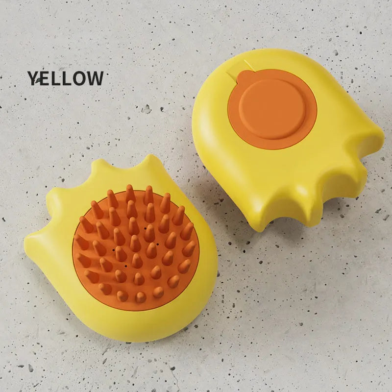 Blue pet bath brush with an integrated shampoo box, shown next to an orange and yellow version.