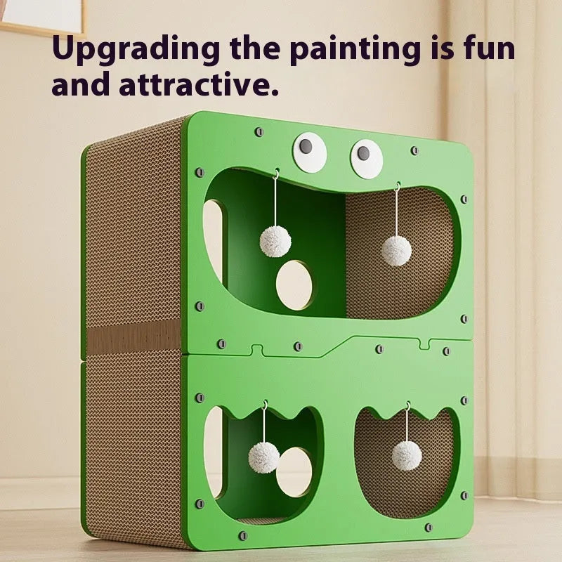 Double-layer cat scratching board nest with wear-resistant surface showing big eyes decorative style option