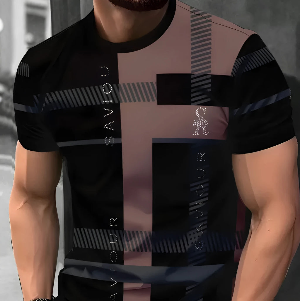 Men's short-sleeved T-shirt with digital 3D printing stripes pattern in loose fit for summer wear