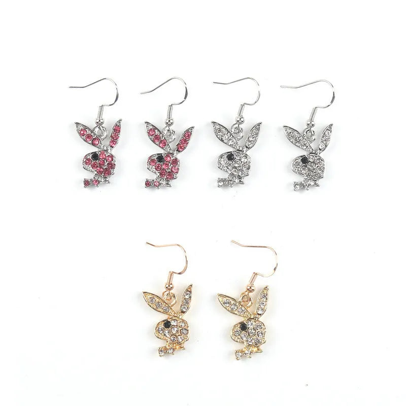 A pair of full diamond rabbit stud earrings in alloy metal, shown in silver, pink, and gold colour options.