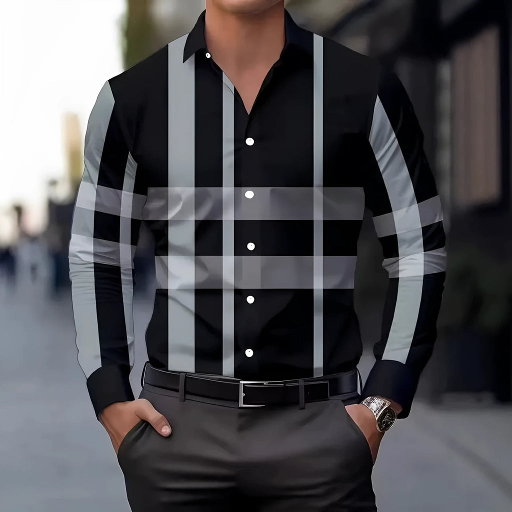 Men's printed polyester shirt with long sleeves and button lapel in multiple colour options