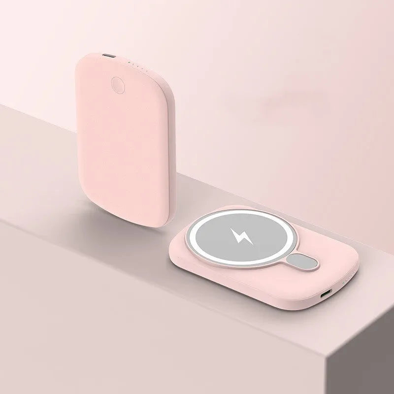 Magsafe magnetic wireless power bank in Barbie Pink, showing creative design and compact size.