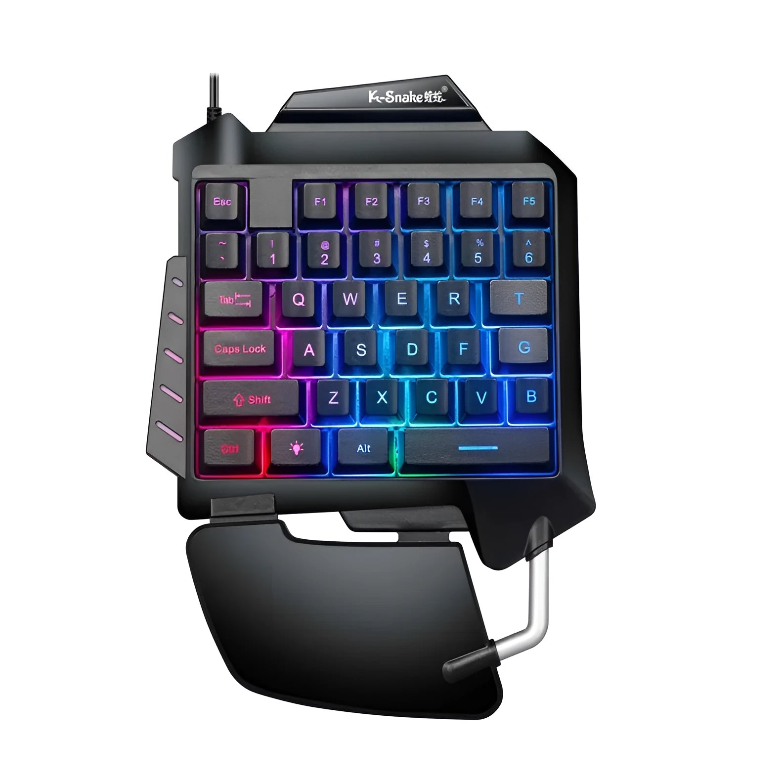 Black one-handed left-hand gaming keyboard with integrated wrist rest and USB connector for desktop mobile gaming