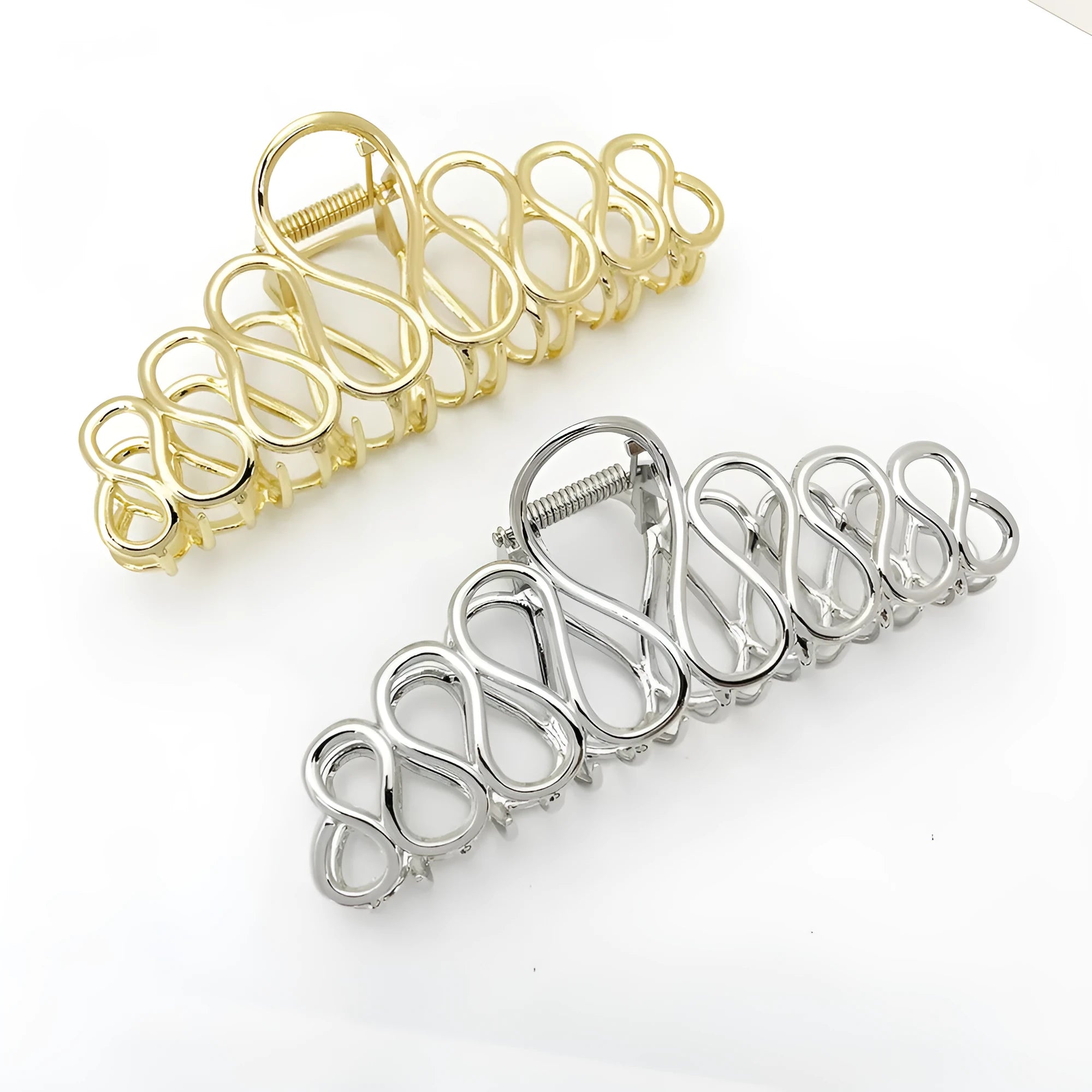 Large minimalist hair clip for updo hairstyles in gold electroplated alloy with tassel accents