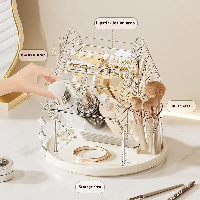 360-degree rotating cosmetics storage box in transparent plastic, clear or amber gold colour options