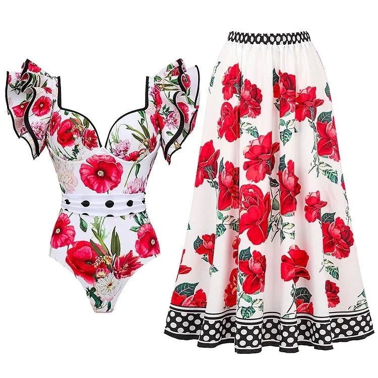 Women's printed polyester one-piece swimsuit with lining in rose pink colour