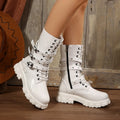 Women's black mid-calf boots with metal buckle decoration and side zipper, rounded toe design