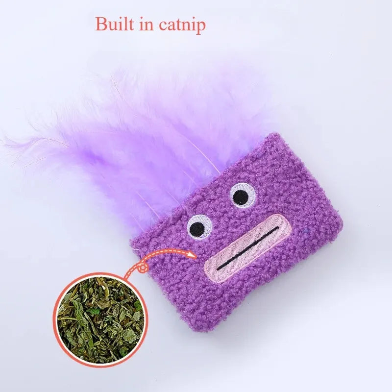 Big mouth explosion head shaped catnip plush toy for cats in blue, green, orange, and purple colours