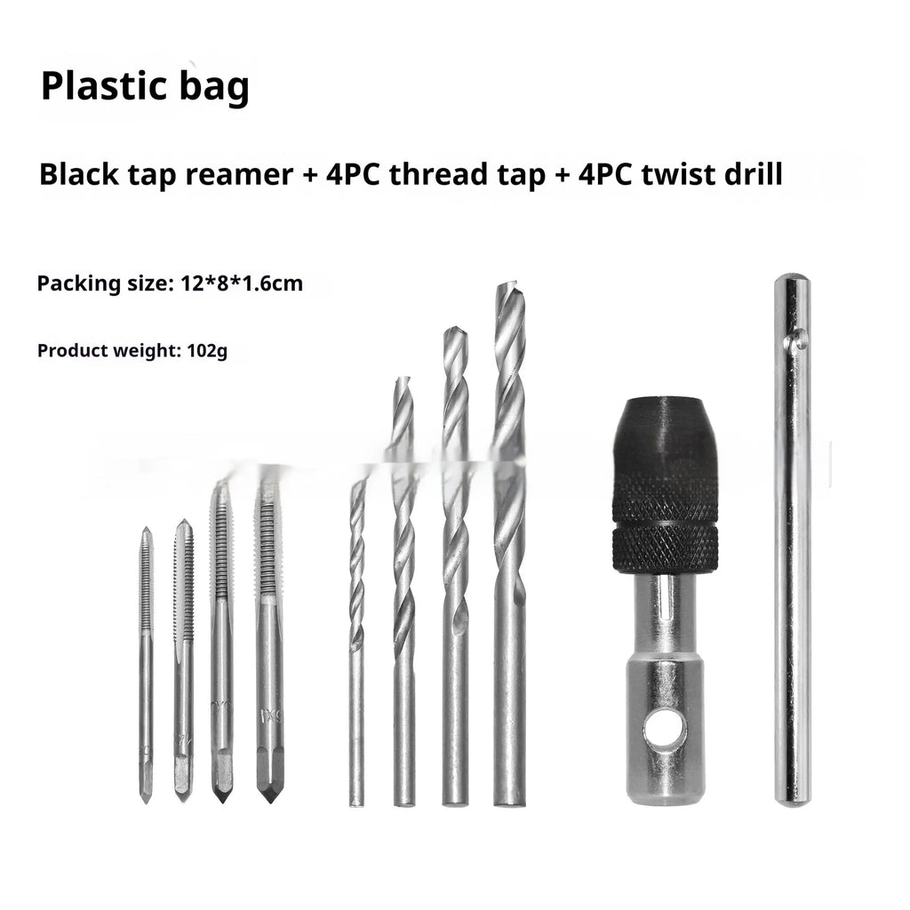 Thread tap and twist drill combination set with steel tap holder for manual tapping tasks