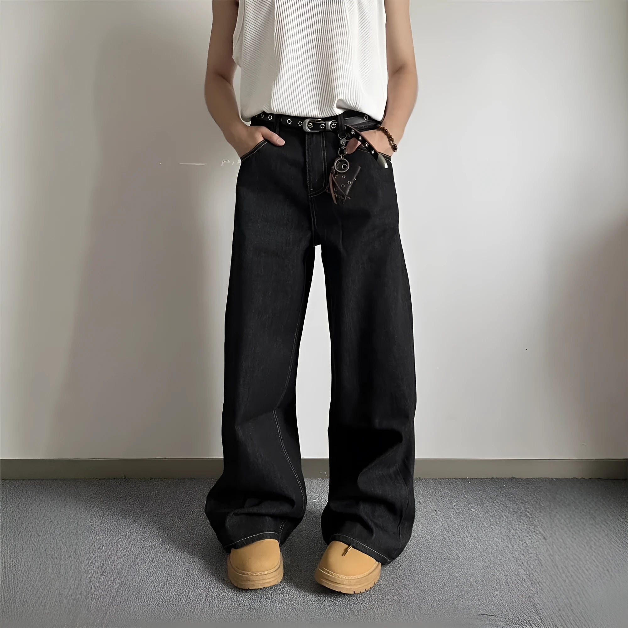 Black loose wide-leg retro jeans with straight-leg cut and mid-rise waist