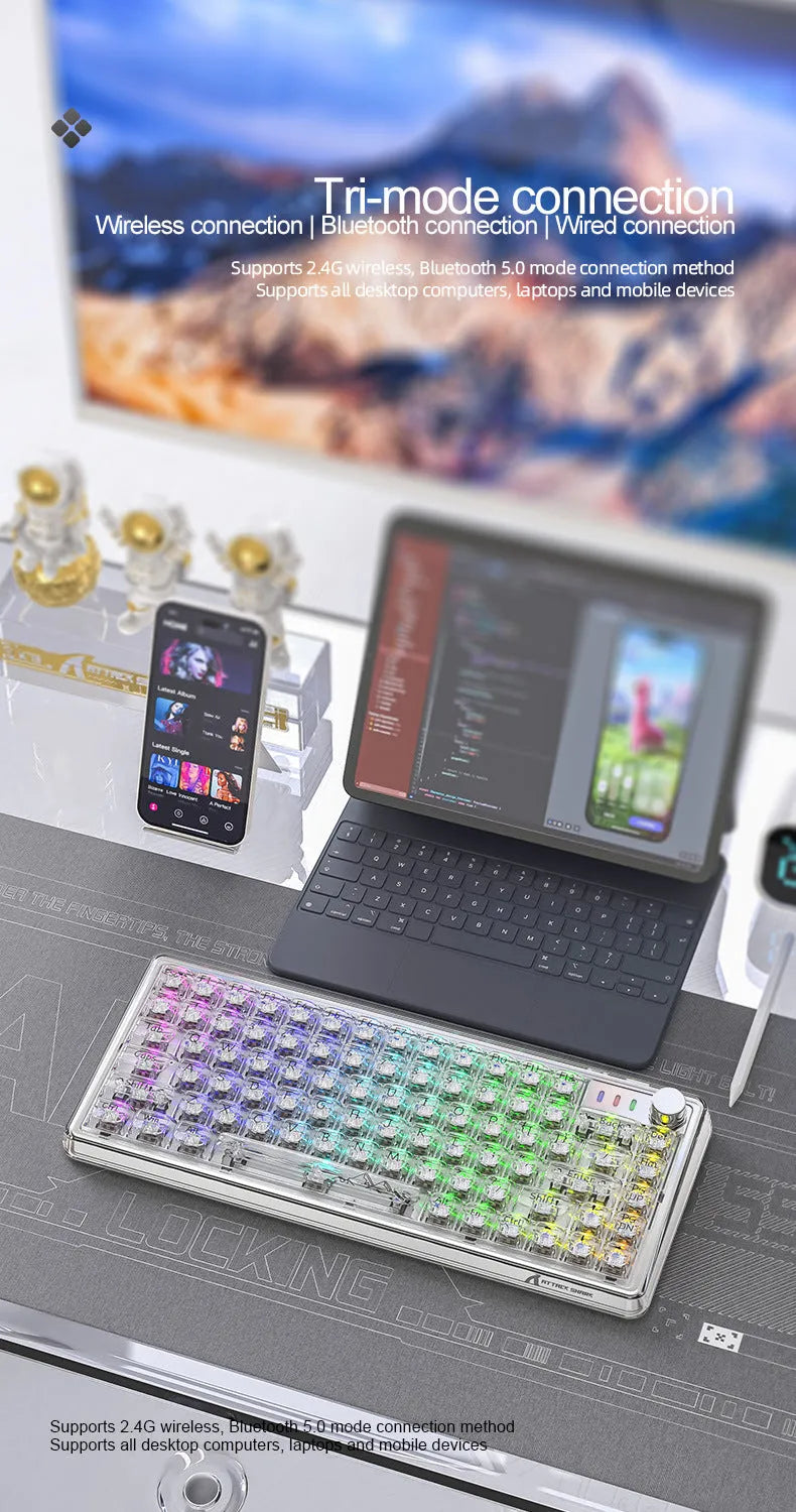 Attack Shark K75 transparent wireless mechanical keyboard with RGB backlighting on a desk