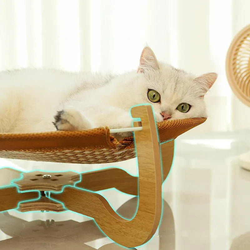 Brown woven rattan pet hammock bed for cats and small dogs, measuring 46cm square.