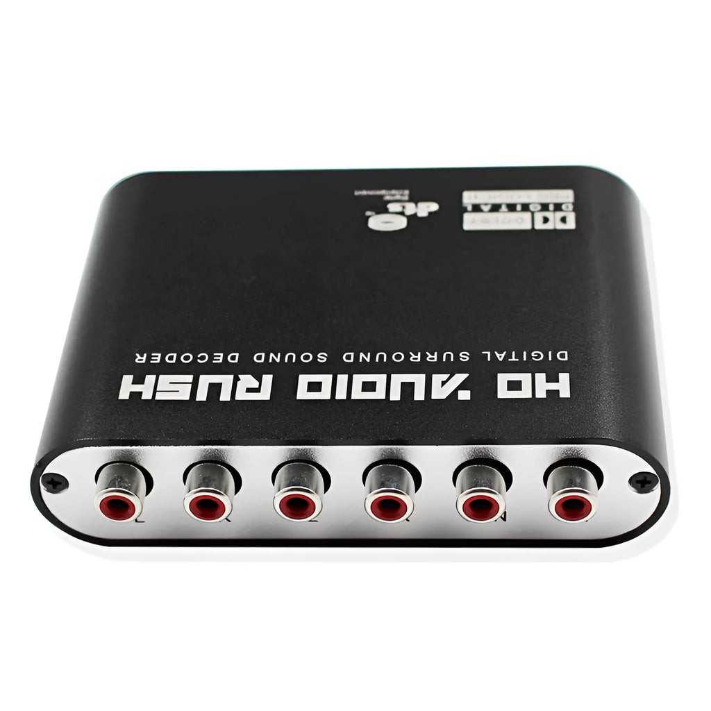 Black DTS Dolby Digital AC3 audio decoder with optical and coaxial inputs for 5.1 channel surround sound