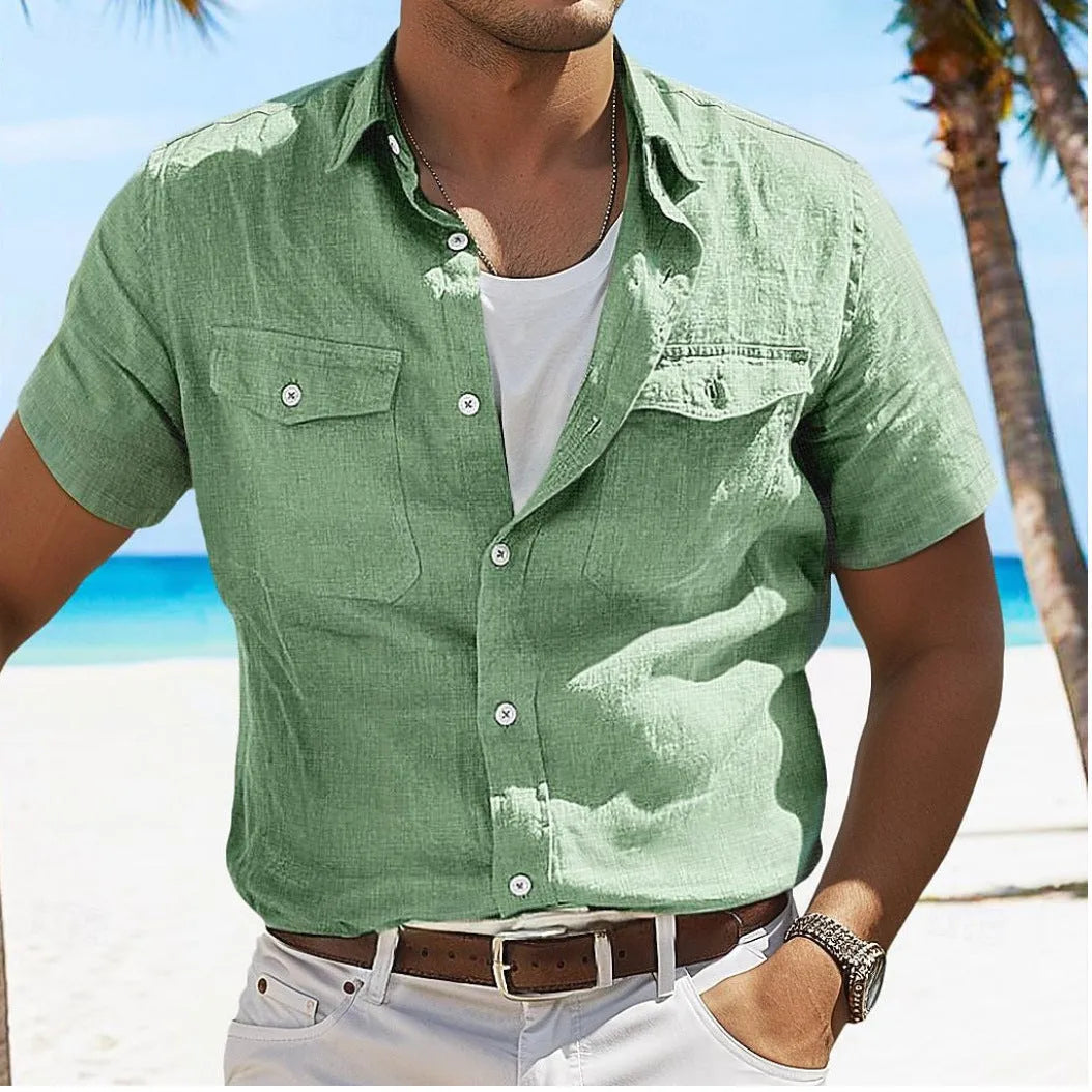Men's cotton summer shirt with polo collar in solid colours including grey, green, and blue