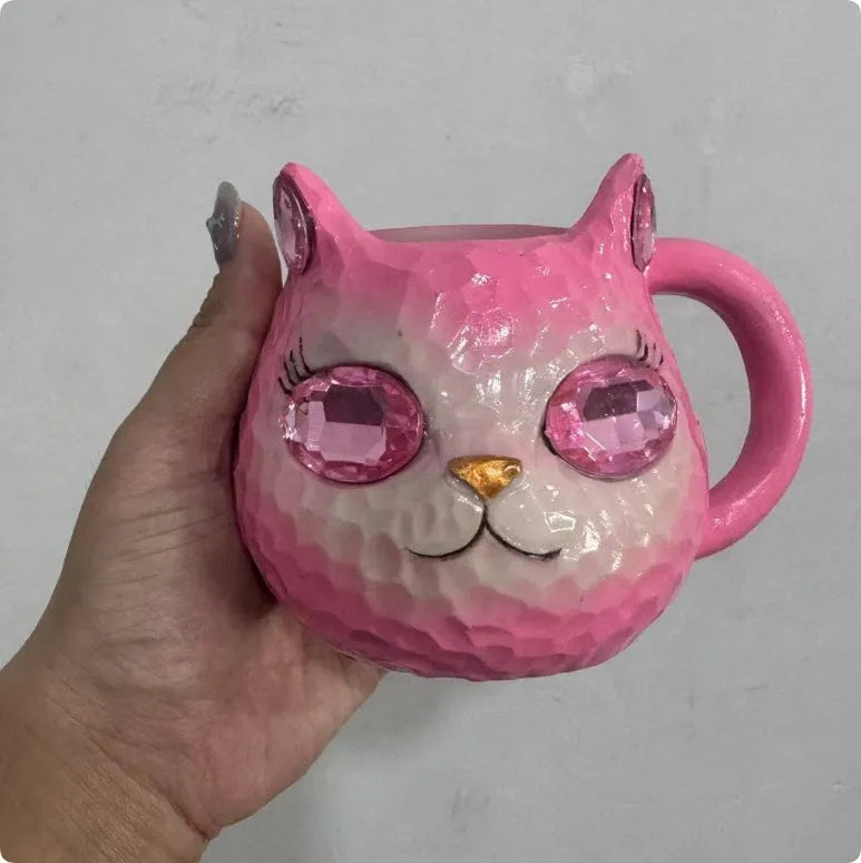 Resin cat cup gift with crystal Earth globe in blue, green, pink, or purple colour options.