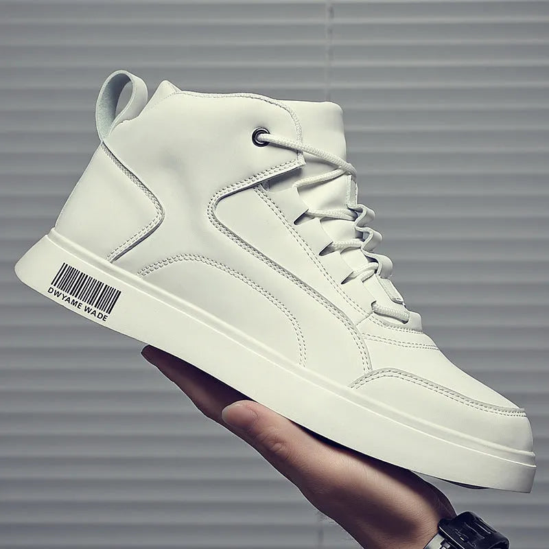 Men's white mid-top casual sports shoes with lace-up front and rubber sole.