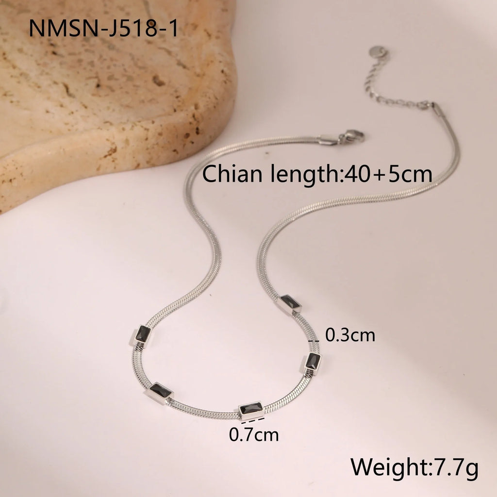 Geometric square zircon necklace on stainless steel flat snake chain in gold or steel finish