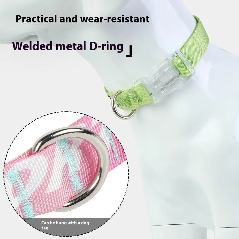 Adjustable nylon dog collar with cartoon gradient printing in S, M, and L sizes for small to medium dogs
